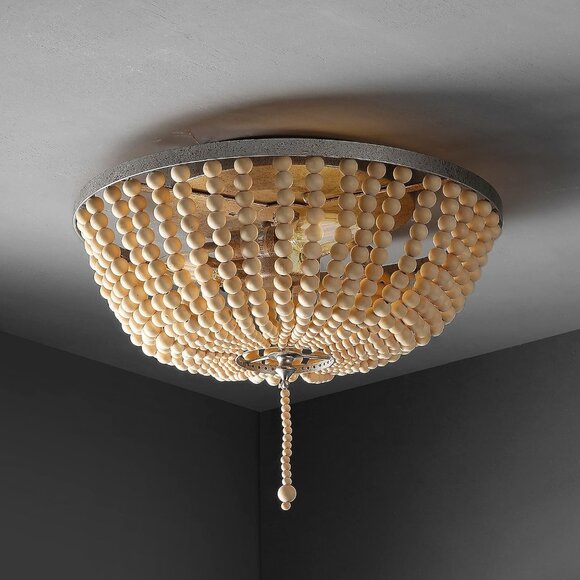 JONATHAN Y Allison 15" Wood Beaded LED Flush Mount Light | Antiqued Silver JYL90 - Picture 7 of 8